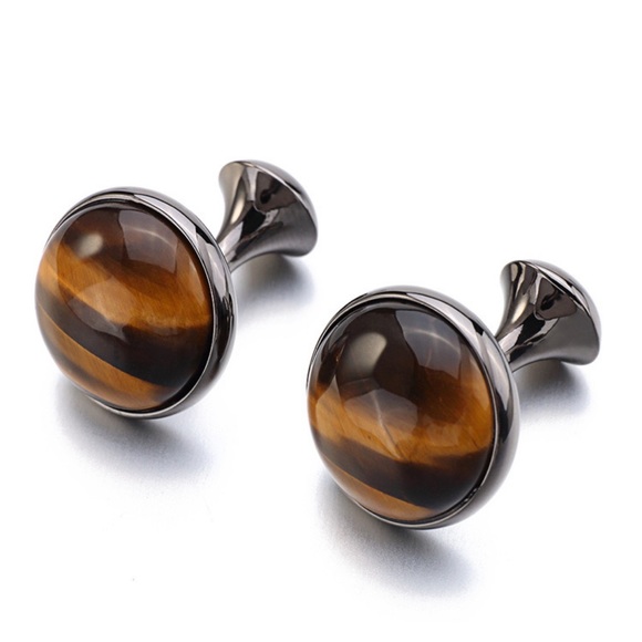 Elegant Round Brown & Gold Striped Tiger’s Eye Cufflinks - Picture 1 of 17